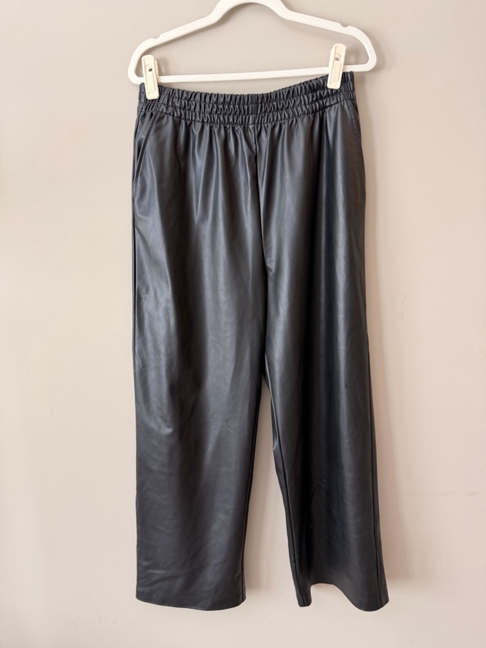 Wide Leg Faux Leather Pants - Black